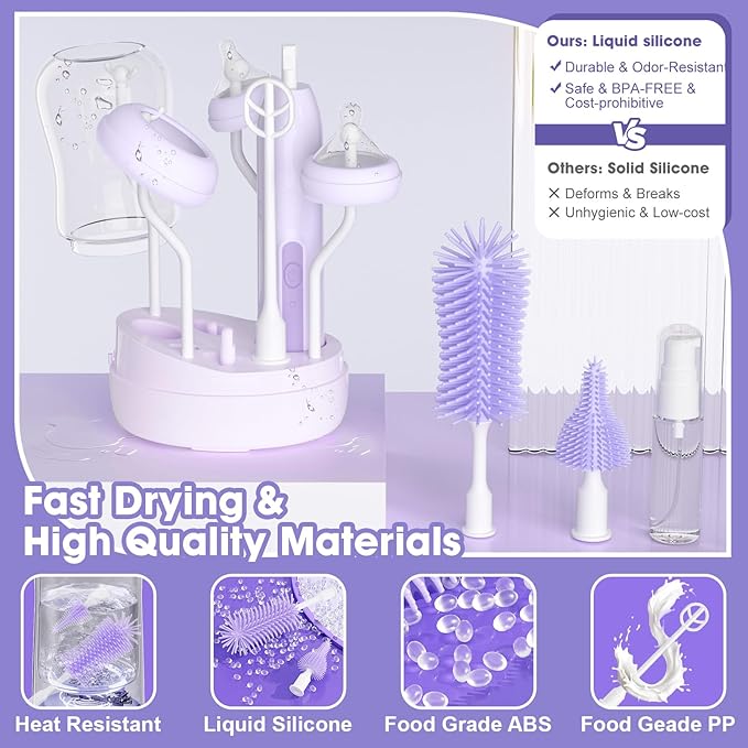 Electric Bottle Brush CleanerElectric Baby Bottle Brush Cleaner with Silicone Nipple&ampStraw BrushSoap DispenserDrying Rack-WaterproofLong Battery LifeTravel Bottle Cleaner Kit for Babies