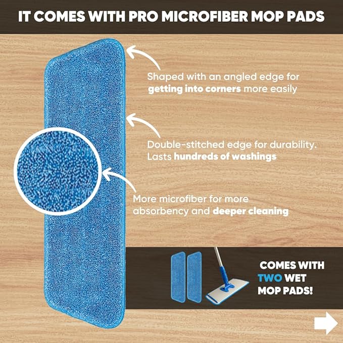 Cinch Mop - Microfiber Mop for Hardwood Floors - Flat Mops System for Wood Tile Laminate Vinyl 2 Wet Pads Refills Reusable Micro Fiber Mopping Heads