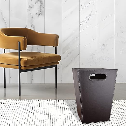 GORESE Leather Trash Can Bathroom Wastebasket 16L/4.2 Gallon Office Garbage Can with Handles for Near Desk Square Bedroom Waste Basket Bin for Home Dorm Decorative Brown