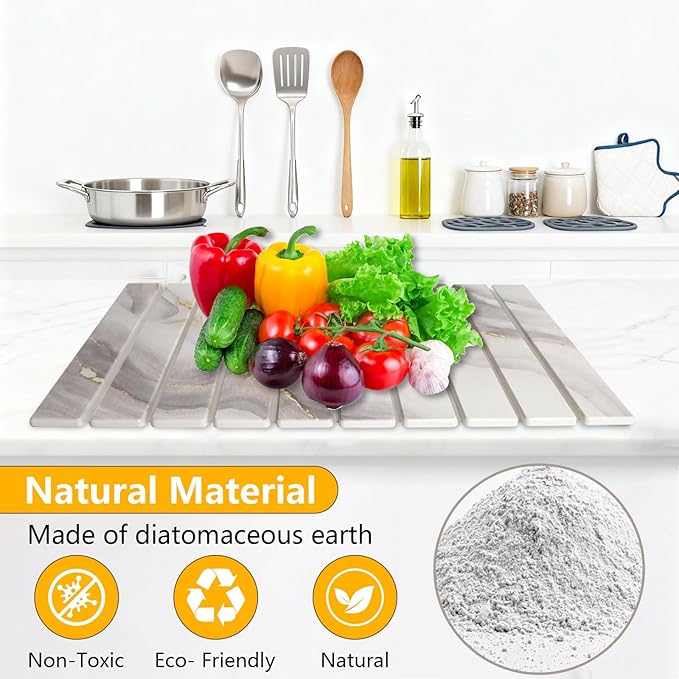 Large Stone Drying Mat for Kitchen Counter 23.3(L)×15.3 (W) Collapsible Dish Drying Mat Eco-Friendly Absorbent Diatomaceous Earth Mat for Dishes Bottles Cups Match Any Countertop (White Gold)