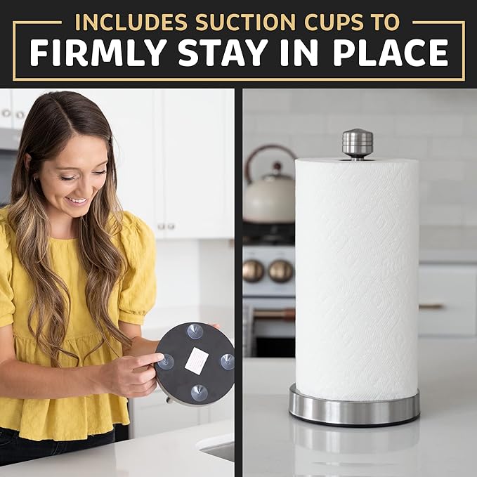 Heavy-Duty Stainless Steel Paper Towel Holder - Easy One-Handed Tear with Suction Cups - Modern Weighted Standing Countertop Dispenser for Kitchen - Holds All Paper Towel Rolls Silver
