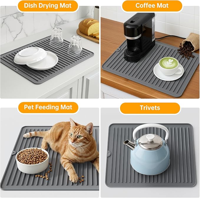 Songrey 28 x 18 Silicone Dish Drying Mat Kitchen Counter Drying Pad for Sink Dishes or Under Rack Multi-Use as Heat Resistant Trivet Coffee Bar Mat