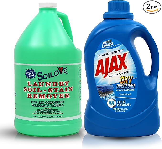 SOILOVE 1 Gallon Laundry Stain Remover &amp Ajax 134oz Oxy Overload Liquid Laundry Detergent – Ultimate Stain-Fighting &amp Freshness Duo for Tough Stains &amp Clean Clothes