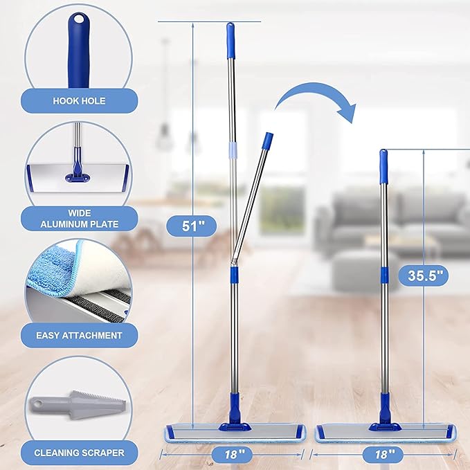 Professional 18 Microfiber Mop - Flat Mop with Stainless Steel Handle 2 Reusable Washable Pads Hardwood &amp Laminate (Blue)