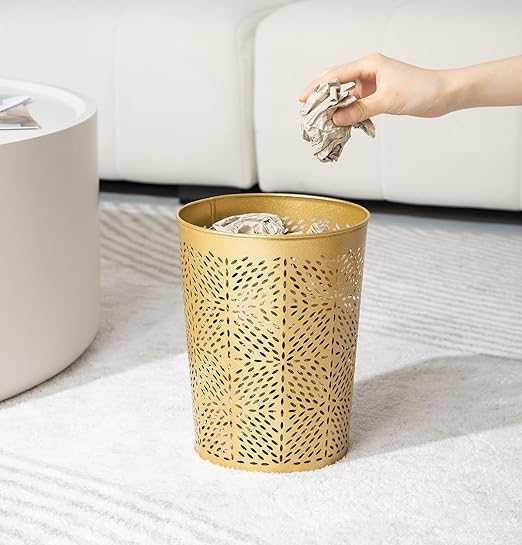 Small Gold Metal Trash Can Wastebasket Decorative Hollow-Out Garbage Can Waste Paper Bin Modern Farmhouse Round Trash Bin for Bathroom Bedroom Kitchen and Office (Floral)