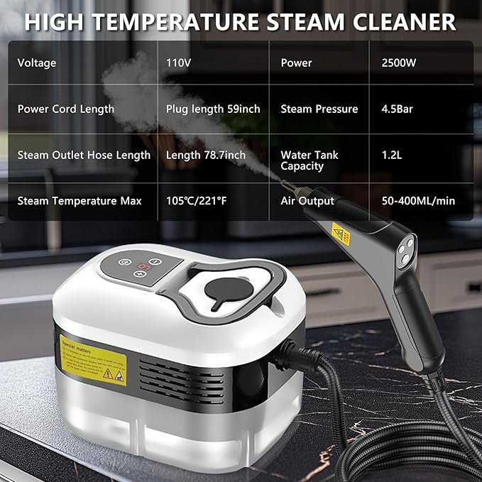 Handheld Steam Cleaner 1200ml Portable High Temperature Pressurized Cleaner with 2m Spray Gun 6 Adjustable Settings for Home Furniture Clothes Kitchen Bathroom