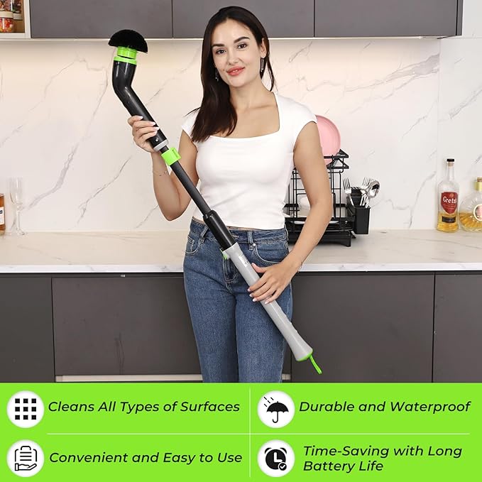 EasyScrub Cordless Electric Spin Scrubber - Powerful 350 RPM Cleaning with 4 Replaceable Heads Adjustable Extension Handle IPX7 Waterproof Ideal for Shower Tiles Tubs and Grout