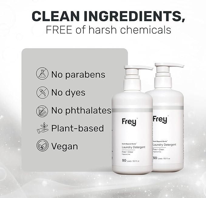 FREY Concentrated Liquid Laundry Detergent | Formulated for Sensitive Skin &amp HE Washers | Removes Stains Effectively | 50 Loads per Bottle (2-pack Unscented)