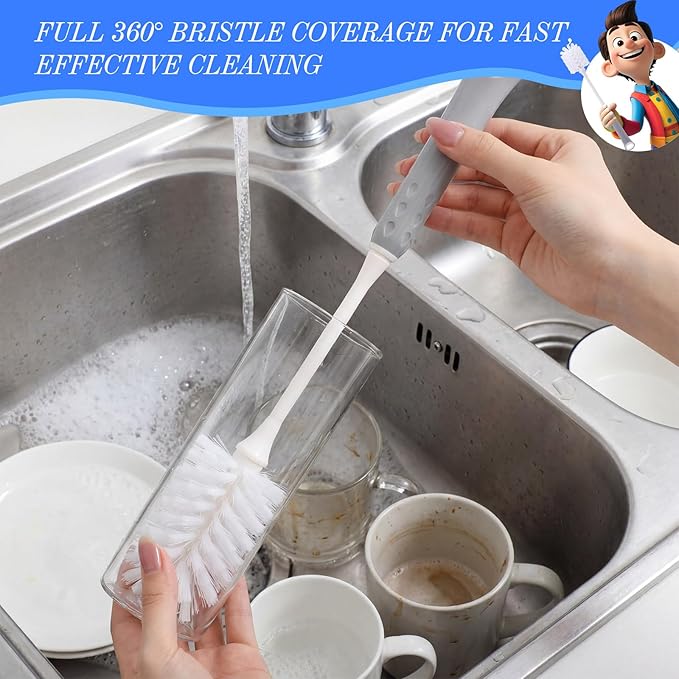 12 Pack Long Handle Bottle Brush 12.8 Inch Water Bottle Cleaning Brush Flexible Scrub Long-Lasting Bristles for Water Cups Glasswares Mugs Flat Handle