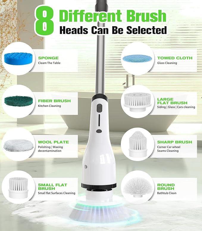 Electric Spin Scrubber for CleaningCordless Waterproof Bathroom Shower Brushes with 9 Heads1.5H Power Dual Speed Cleaner with Extendable Handles for Bathtub Floor Kitchen Wall