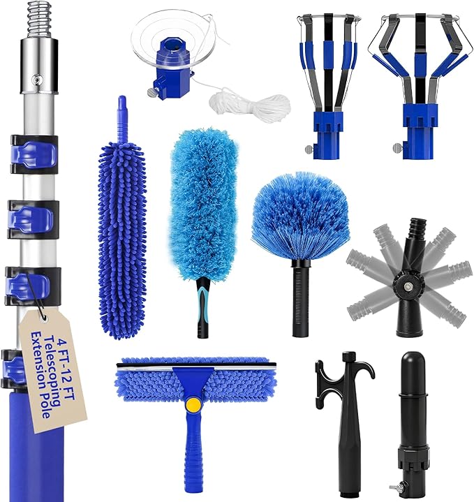 20FT Light Bulb Changer for High Ceilings with 5-12FT Heavy Duty Extension PoleHigh Ceiling Fan Duster Extendable Reusable CobwebFeatherWindow Cleaning Squeegee Kit for Home &amp HouseInterior Ro