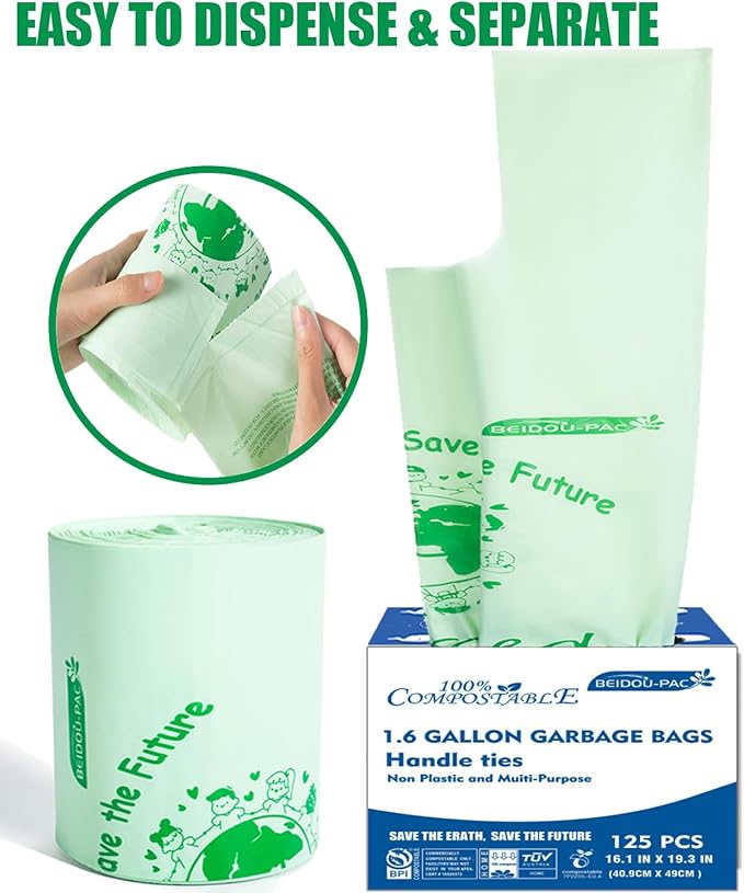 1.6 Gallon Compostable Trash Bags with Handle 250 Count Small Compost Bags Biodegradable Kitchen Garbage Bags Food Scrap Waste Bags for Countertop Bin ASTM D6400 US BPI Certified