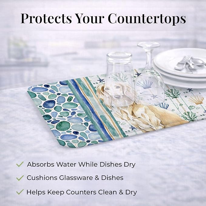 Caroline's Treasures Cream Saluki Coastal Sea Glass Dish Drying Mat Absorbent Dish Drying Mat Pad for Kitchen Counter Dish Drainer Mat for Countertop 14 x 21 Multicolor