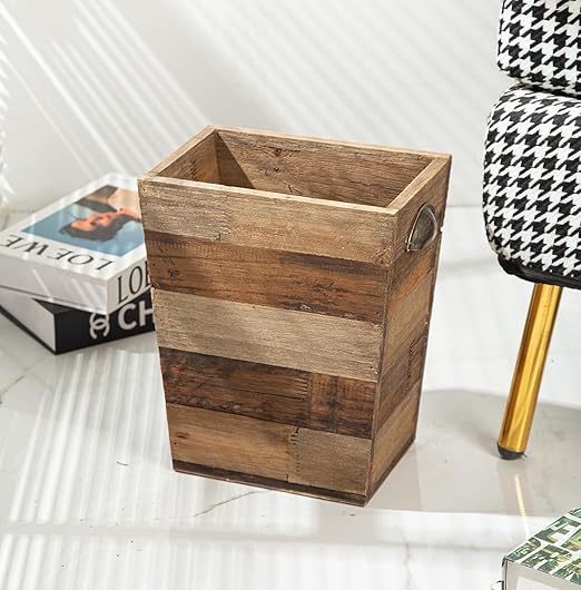 Small Wood Trash Can Farmhouse Rectangular Garbage Can Waste Basket Rustic Distressed Reclaimed Wood Wastebasket Vintage Wooden Trash Recycling Bin Storage Basket with Metal Handles (Natural)