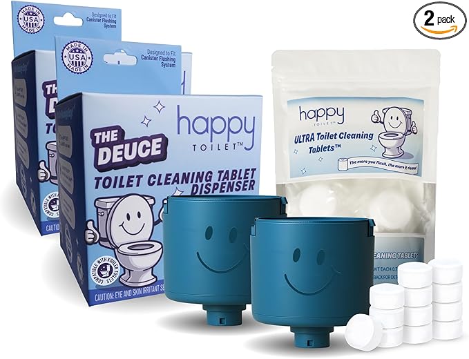 Happy Toilet Cleaner Deuce - Compatible with Kohler Toilets &amp Canister Flushing Systems - 2 Automatic Toilet Bowl Cleaner Toilet Tablet Holder &amp 12-Pack Ultra-Strength Cleaner Tablets
