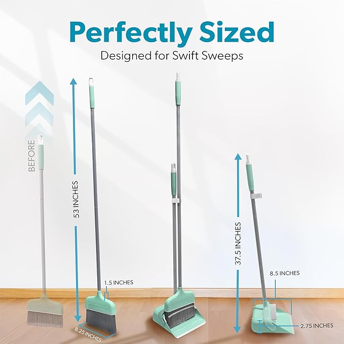 BLACK+DECKER Butler Broom &amp Dustpan Set - Short Handle Stand-Up Design - Lightweight Space-Saving Combo for Kitchen Living Room Bathroom Lobby Floors - Home Cleaning Essential Teal/Grey