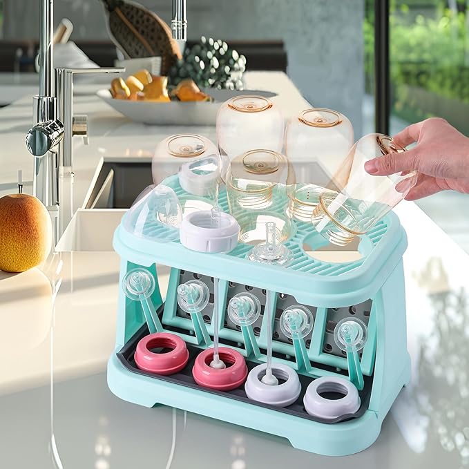 Baby Bottle Drying Rack with Brush &amp Dishwasher Basket - Space Saving Standing Drying Rack for Baby Bottles Pump Parts &amp Accessories Compact Organizer Holds Up to 8 Bottles (Blue)