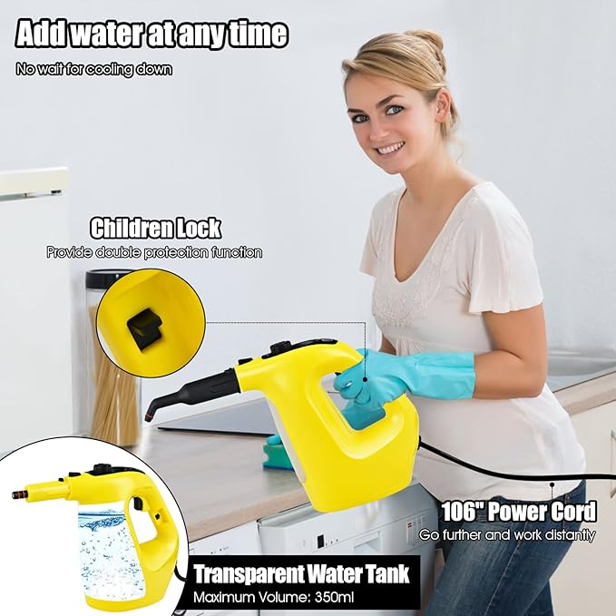 COSTWAY Handheld MultiPurpose Steam Cleaner with 17 Pieces 350ml Large Capacity Steam Mop Continuous Fill water Portable Chemical-Free Steamer for Home Use Floors Windows 1400W Yellow