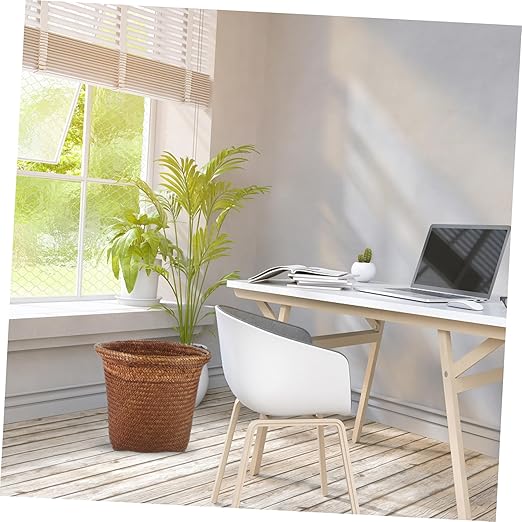 Happyyami Waste Holder Straw Woven Waste Paper Basket Decorative Small Wastebasket for Home