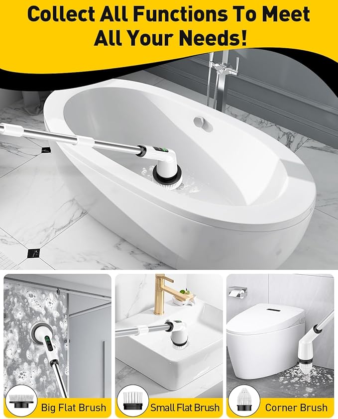 Electric Spin Scrubber for Cleaning Bathroom Shower Scrubber Cordless Cleaning Brush with IPX7 Waterproof &amp 2 Speed 3 Brush Heads Bathroom Cleaning Supplies for Shower Tub Kitchen Tile Toilet W