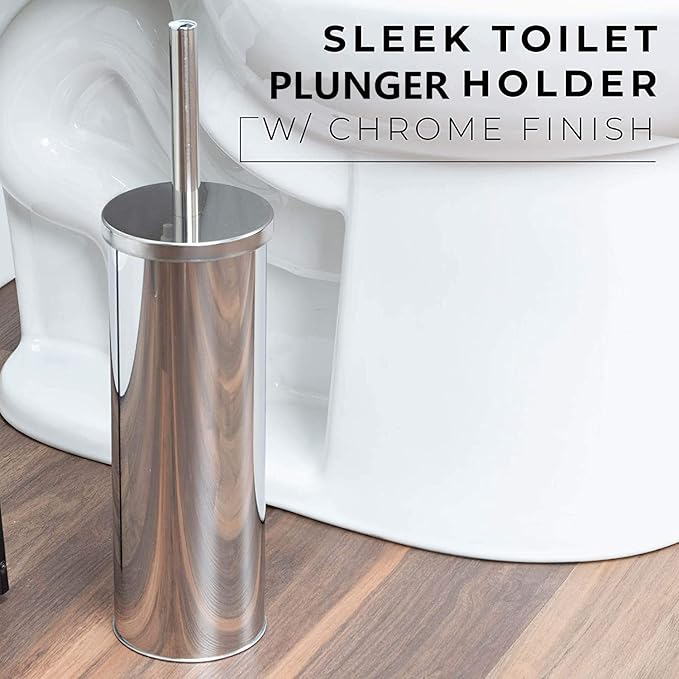 Chrome Toilet Plunger with Holder Bathroom Metal Canister Holder Drip Cup Heavy Duty Deep Cleaning Silver