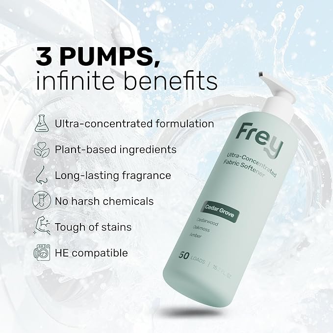 FREY Natural Liquid Fabric Softener &amp Conditioner | Laundry Softener for Clothing | Works In All Machines + HE | Powered by Natural Ingredients (2-pack Cedar Grove)