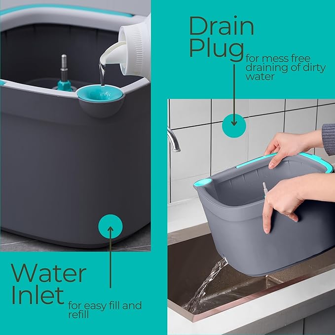 TRUE &amp TIDY Square Spin Mop &amp Bucket System – Dual Chamber for Clean &amp Dirty Water 360° Rotating Self-Wringing Mop with Built-in Scrub Brush Stainless Steel Handle &amp 2 Reusable Micro