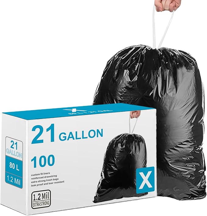 21 Gallon Code X Heavy Duty 1.2 Mil THICK Trash Bags Drawstring Compatible with Code X 100 Count Black Garbage Can Liners Fits All 20-21 Gallon/65 Liter 75 Liter 80 Liter Trash Can