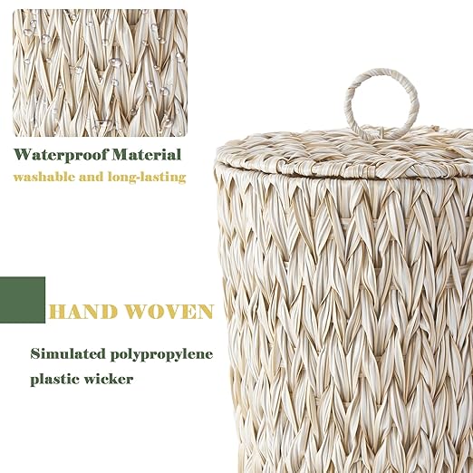 Woven Trash Can with Lid and Liner 4 Gallon Bathroom Garbage Can Boho Decorative Handwoven Plastic Wicker Waste Basket for Bathroom Bedroom Living Room Office Home (Beige)