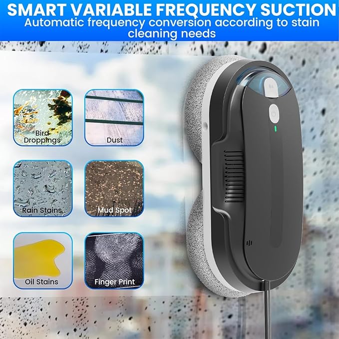Window Cleaning Robot – 2400-3200Pa Suction Dual Ultrasonic Spray 85ml Tank Edge Detection Anti-Drop 3 Cleaning Modes for Streak-Free Glass(Black)