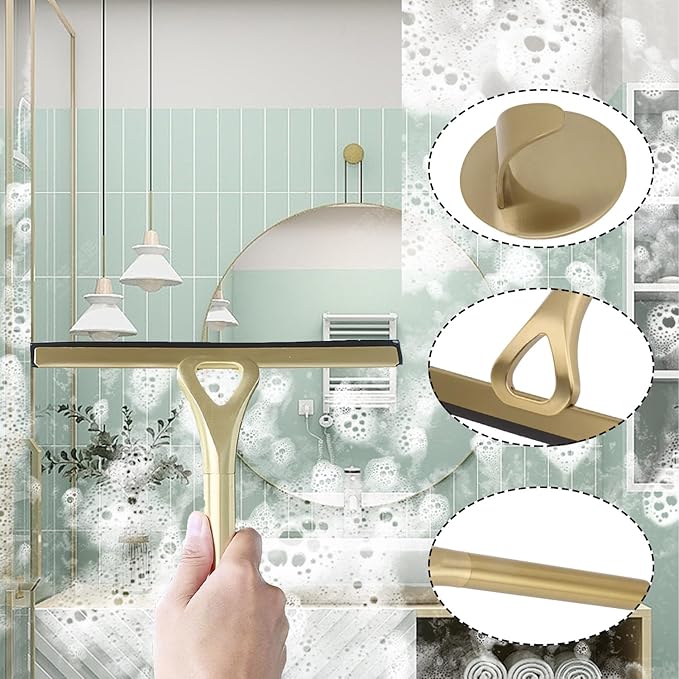 8.9x8.7inch Gold Stainless Steel Shower Squeegee Window Squeegee with Hanging Hook - Glass Wiper Squeegeer Cleaning Tool for Clean Ceramic TileShower Door MirrorWindowCar GlassTable Top