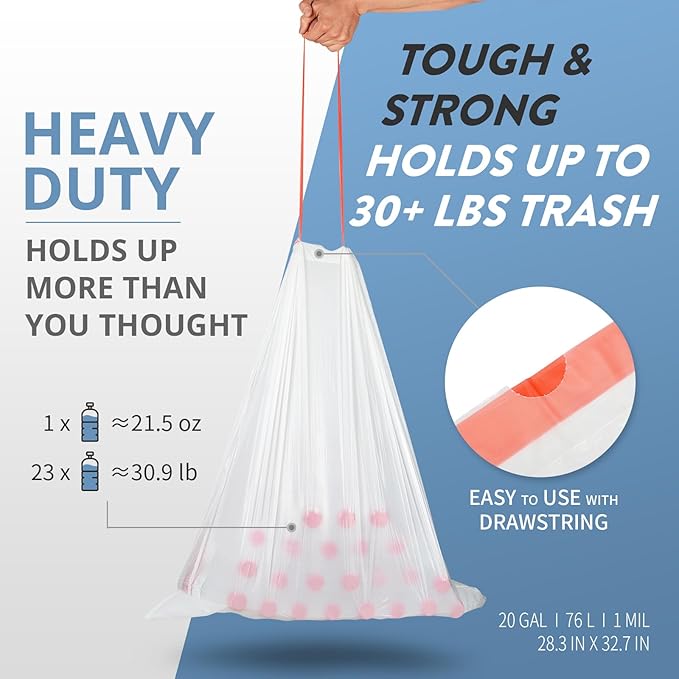 20 Gallon Trash Bags Fit 20-21 Gal Extra Strong Large Garbage Bags w/Drawstring (102 Count) Heavy Duty Plastic Trash Liners for Kitchen Commercial Office Lawn Clear
