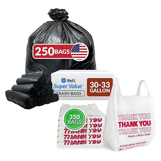 Reli. Thank You T-Shirt Bags (350 Ct) &amp 33 Gallon Trash Bags (250 Bags)