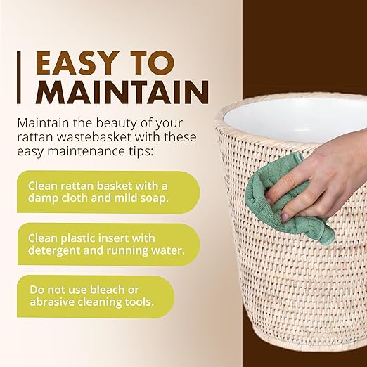 KOUBOO La Jolla Rattan Wastebasket with Plastic Insert Handmade Trash Can Small Wastebasket Bedroom Bathroom Vanity RV Dorm White Wash