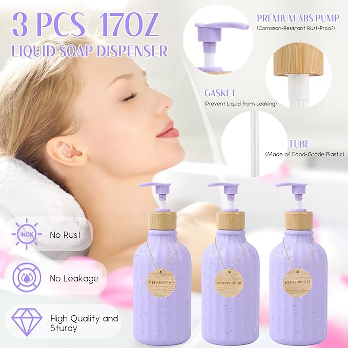 Light Purple Bathroom Accessories Set 17PCS Bathroom Set with Trash Can 3PCS Lotion Soap Dispenser Toothbrush Holder Soap DishTumbler Cup6PCS Wood Tags Bath Accessories with Tray for Bathroom