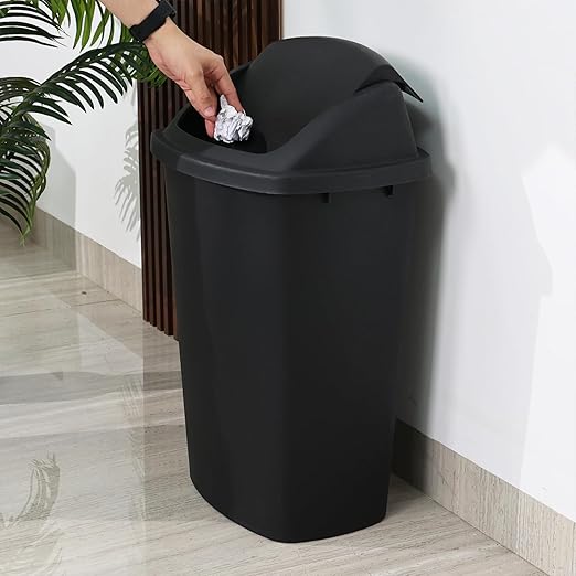 4-Pack 13 Gallon Plastic Swing Top Trash Can Lidded Wastebasket Garbage Can for Kitchen Garage or Workspace Black