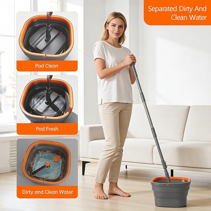Collapsible Mop and Bucket Set Spin Mop with Separate Dirty and Clean Water 6 Replaceable Mopping Pads with Foldable Handle Deep Cleaning Mops and Buckets for Household Use Floor Cleaning