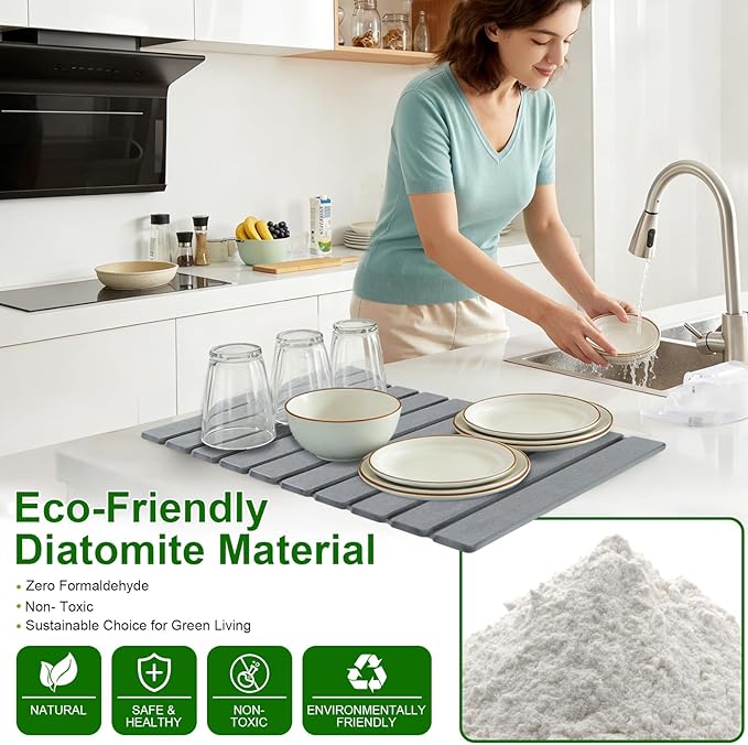Large Stone Drying Mat for Kitchen Counter Collapsible Stone Dish Drying Mats Water Absorbing Diatomaceous Earth Drying Stone for Kitchen Counter Kitchen Dish Drying Stone Mat 24×16 (White)