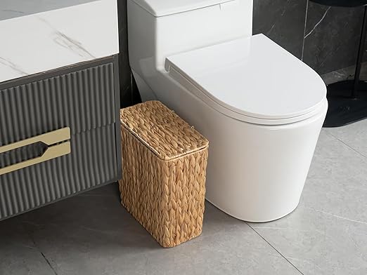 3 Gallon Wicker Trash CanSmall Bathroom Trash Can with LidNatural Water Hyacinth Wicker Waste Basket for BedroomToiletNarrow Garbage Can with Removable Liner