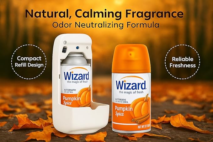Wizard Automatic Spray Refill – Pumpkin Spice 5 oz (12 Pack) | Compatible with Air Wick Freshmatic &amp Glade Dispensers | Long Lasting Odor Neutralizer for Home &amp Office
