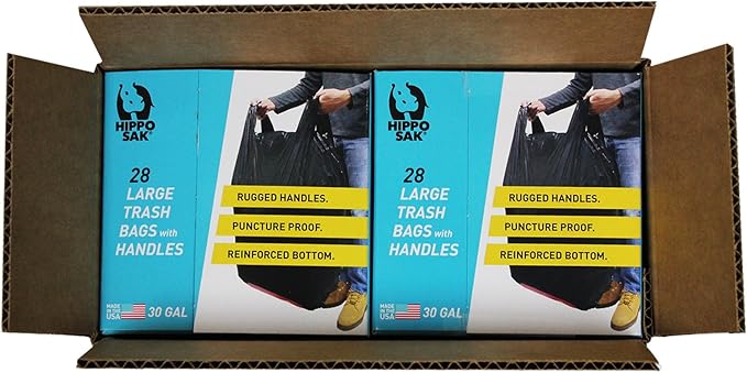 Hippo Sak 30 Gallon Large Trash Bag with Handles 56 Bags (28 per Box - 2 Pack)