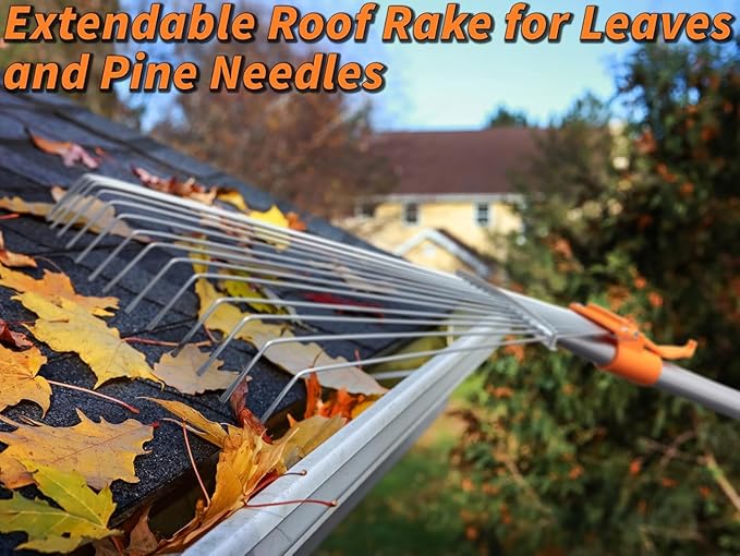 5-24 ft Telescoping Roof Rake 30 ft Reach // Collapsible Roof Rake for Leaves and Pine with Extension Pole // Roof Cleaning Tool for Gardening and Lawns // High Reach Adjustable Metal Leaf Raker
