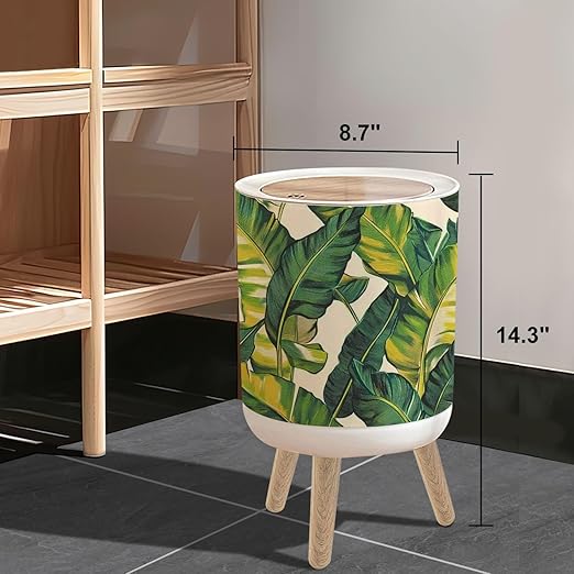 Small Trash Can with Lid Tropical Palm Leaves Jungle Leaf Seamless Floral Pattern 1.8 Gallon/7L Garbage Can Waste Bin with Press Top Lid Wood Legs Wastebasket for Bathroom Kitchen Bedroom