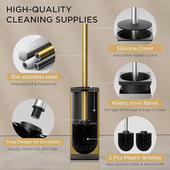 FORIOUS Toilet Brush and Holder Set Heavy Duty 304 Stainless Steel Base Square and Long Handle for Bathroom Deep Cleaning Drip-Proof Space Saving for Storage 2 Toilet Bowl Brush Head Dark Gold