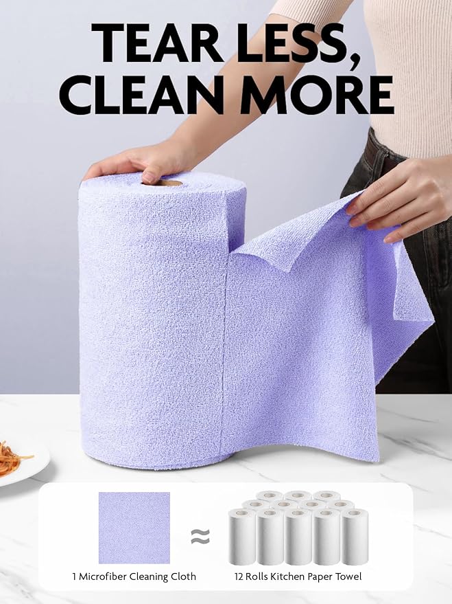 Fantasticlean Microfiber Cleaning Cloth Roll -75 Pack Tear Away Microfiber Towels 12 x 12 Reusable Washable Scratch Free Ultra Absorbent Dishcloth for All-Around Cleaning Supplies (Lavender)