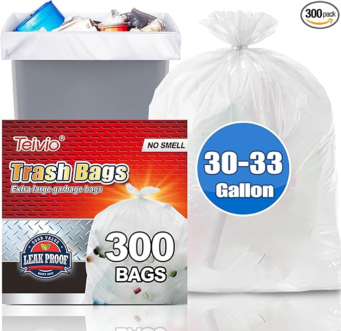 Teivio 30-33 Gallon 300 Counts Large Multipurpose Trash Bags Sturdy Garbage Bags30 Gal 31 Gal 32Gal 33 Gal 35 GalLeaf Bags Outdoor Commercial Trash Can Liner for Construction Sites(Clear)