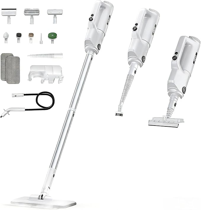 YKYI Steam Mop Detachable 10 in 1 Multipurpose Steamer with 11 Attachments Handheld Steam Cleaner for Home Hardwood Floors Laminate Marble Tile Grout Carpet Windows Cleaning (Light White)