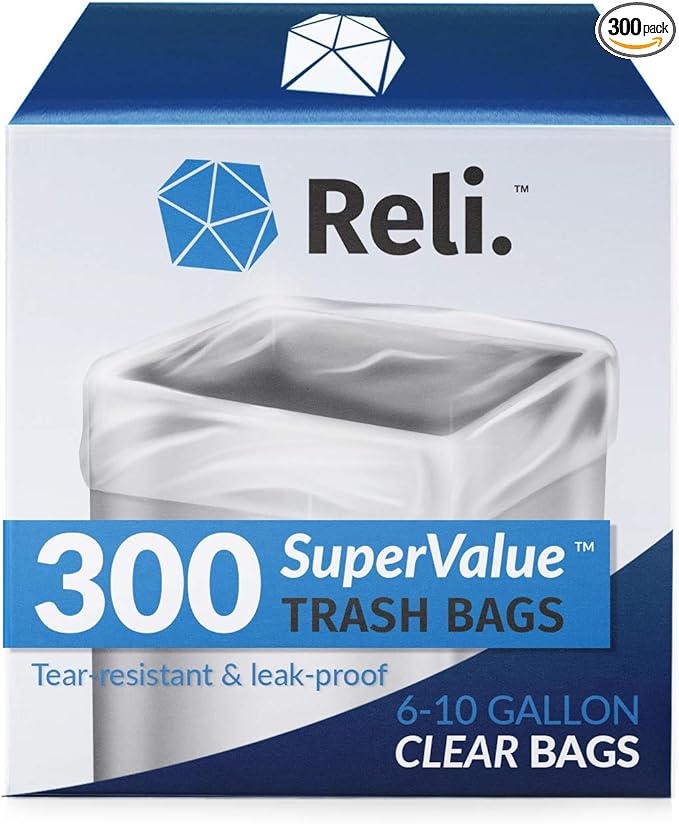 Reli. 6-10 Gallon Trash Bags | 300 Bags | Clear | Bathroom | Strong | Garbage