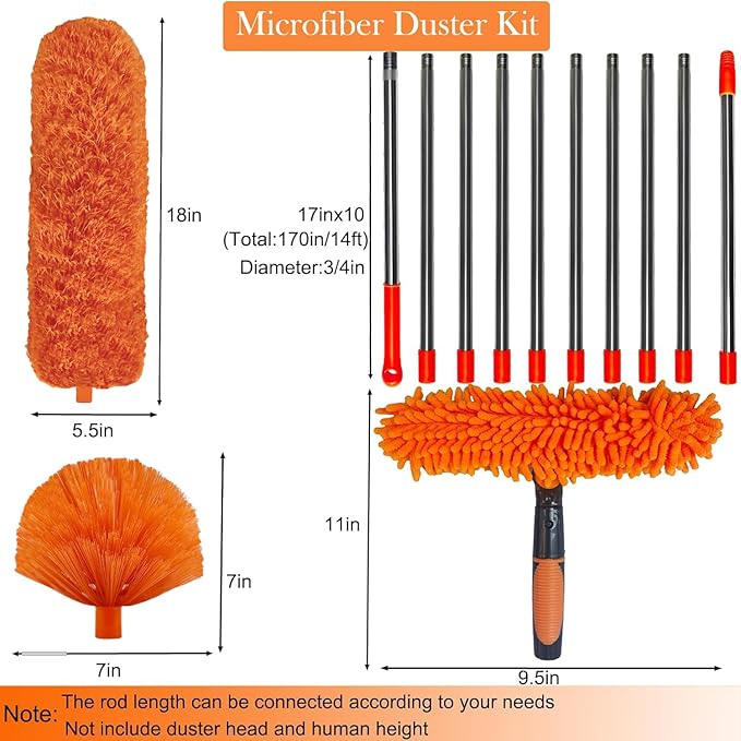 20+ Feet High Reach Dusting Kit with 3-14 ft Extension Pole //2 in 1 Window Cleaning Kit // High Ceiling Duster // Cobweb Microfiber Duster // Outdoor &amp Indoor Extendable Duster Cleaning Kit