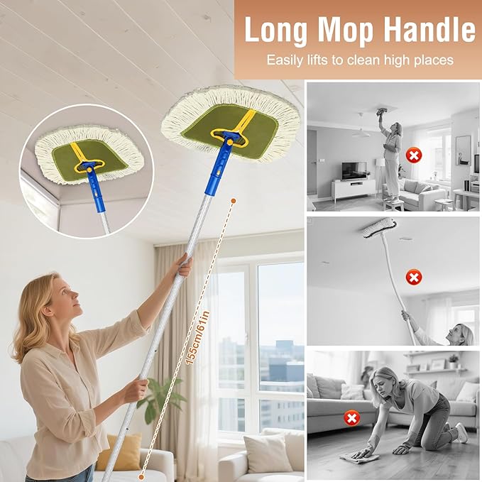 Commercial Dust Mop for Hardwood Floors Industrial Dry Mops with Replacement Wedge Cotton Mop Pads for Wall Cleaner Hardwood Tile Laminate VinylWalls HomeWarehouse Duster Green